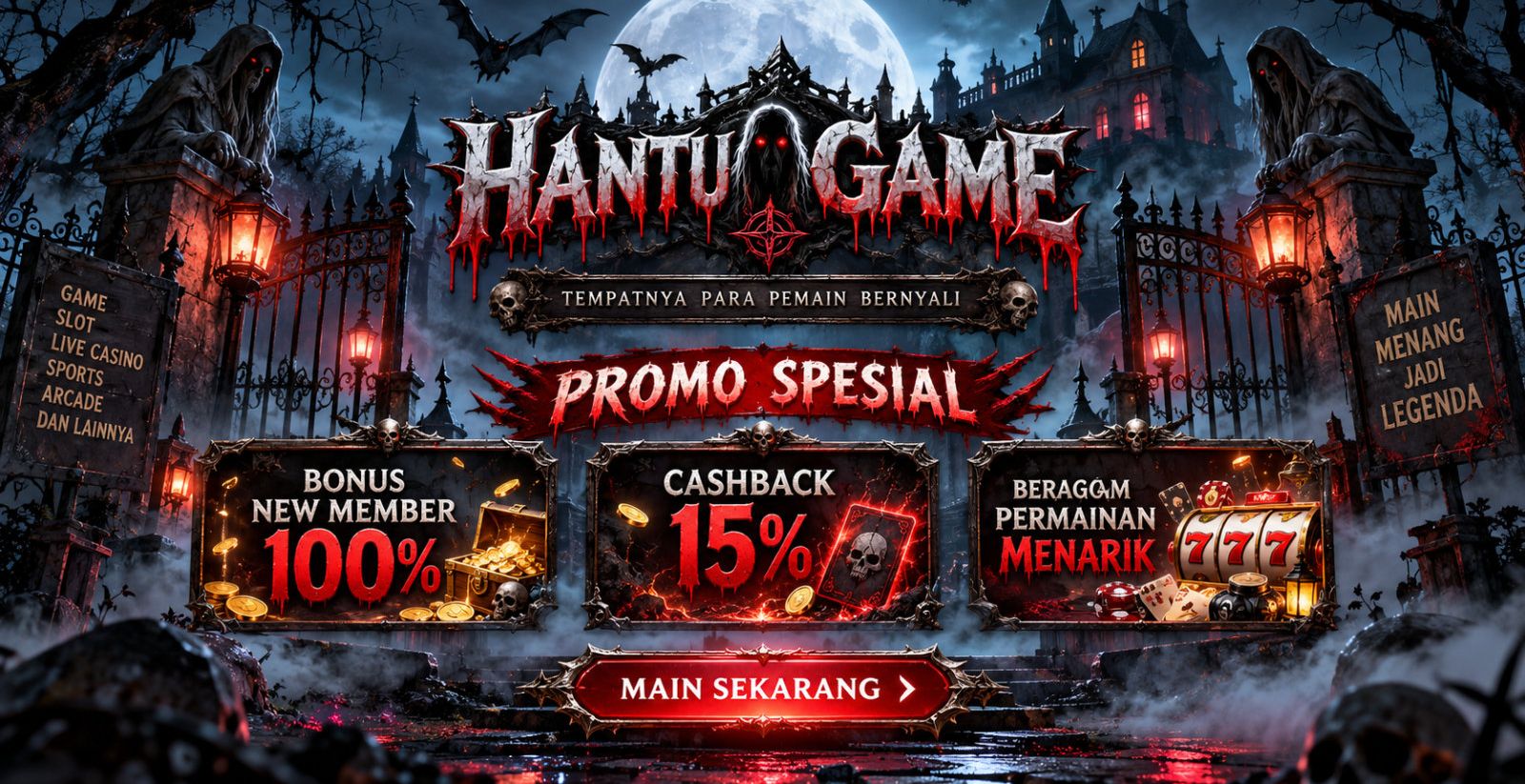 Banner HANTUGAME — ilustrasi layanan dan kategori permainan